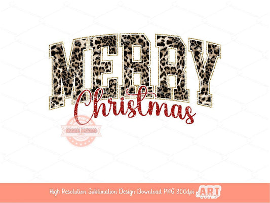 Merry Christmas Varsity PNG Gold Red Glitter Leopard Print Western shirt design retro trendy PNG file for Sublimation & DTF Digital download