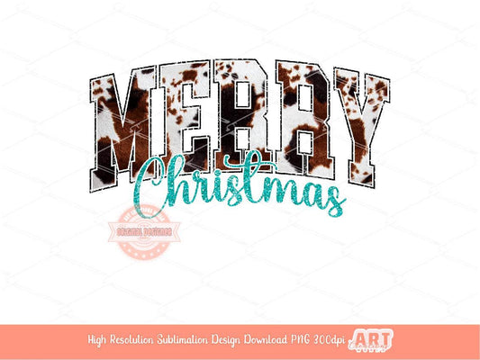 Merry Christmas Varsity PNG Turquoise Glitter Cowhide Western Cowgirl shirt design trendy PNG file for Sublimation & DTF Digital download