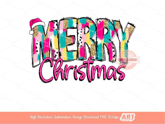 Merry Christmas PNG Gold Glitter Colorful Brushstroke Preppy Pink Christmas shirt design trendy PNG for Sublimation & DTF Digital download