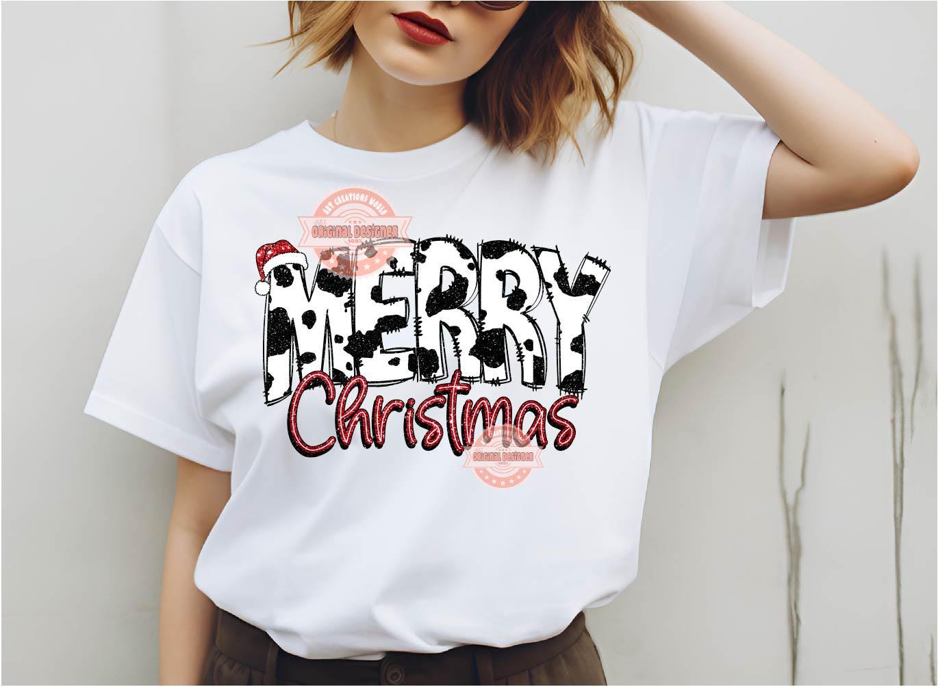 Merry Christmas Cow Print PNG Glitter Cowhide Western Christmas Cowgirl shirt design trendy PNG for Sublimation & DTF Digital download