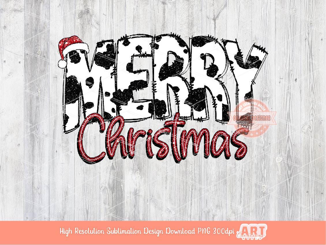 Merry Christmas Cow Print PNG Glitter Cowhide Western Christmas Cowgirl shirt design trendy PNG for Sublimation & DTF Digital download