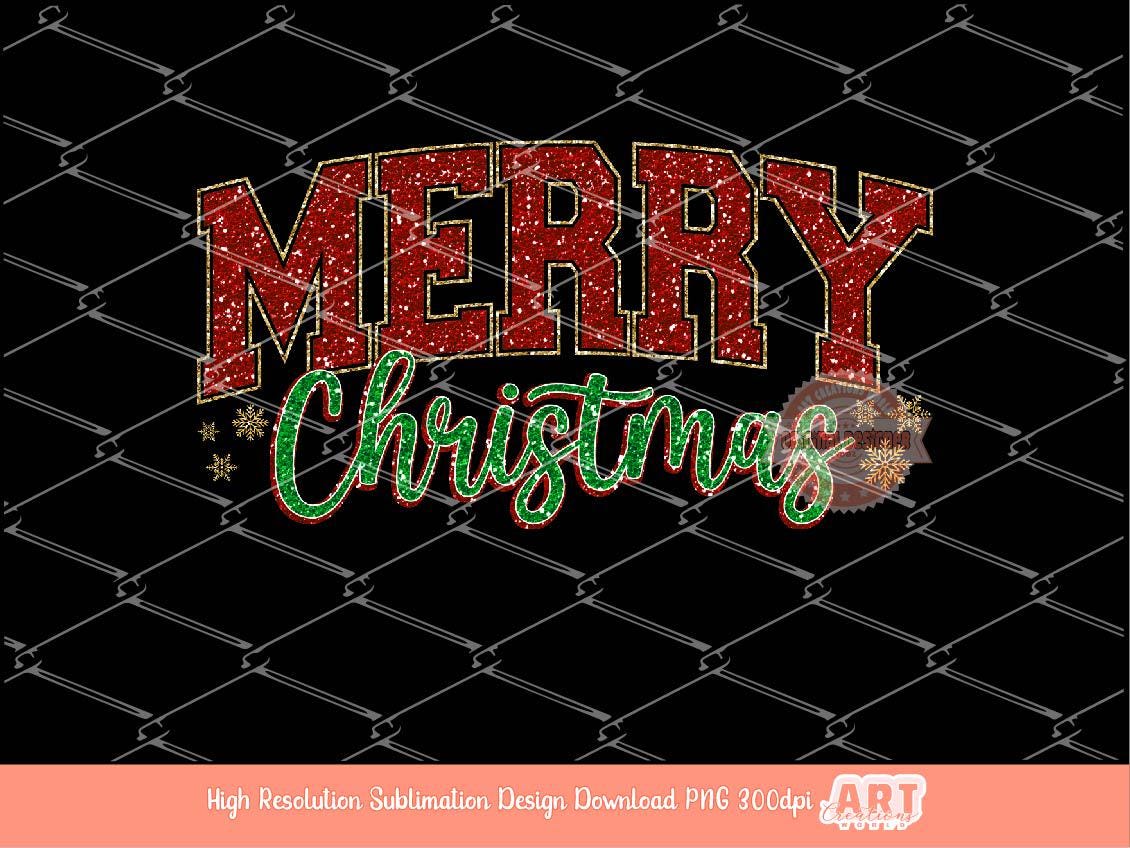 Merry Christmas Glitter Varsity PNG Gold Red Green Sparkle Girls shirt design retro trendy PNG file for Sublimation & DTF Digital download
