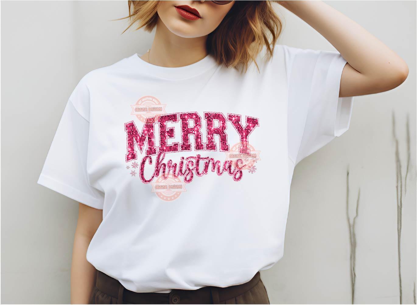 Pink Merry Christmas Varsity PNG Disco sequin glitter Christmas Girls shirt design trendy PNG File for Sublimation & DTF Digital download