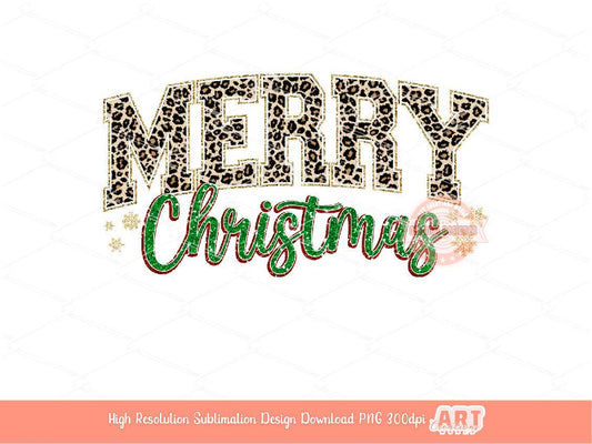 Merry Christmas Leopard Varsity PNG Gold Green Glitter Sparkle Girls shirt design retro trendy PNG for Sublimation & DTF Digital download