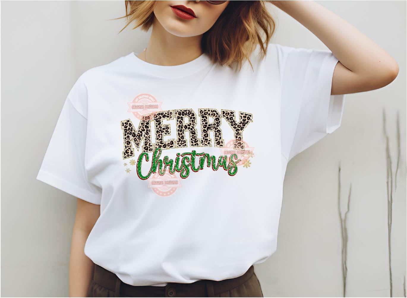 Merry Christmas Leopard Varsity PNG Gold Green Glitter Sparkle Girls shirt design retro trendy PNG for Sublimation & DTF Digital download