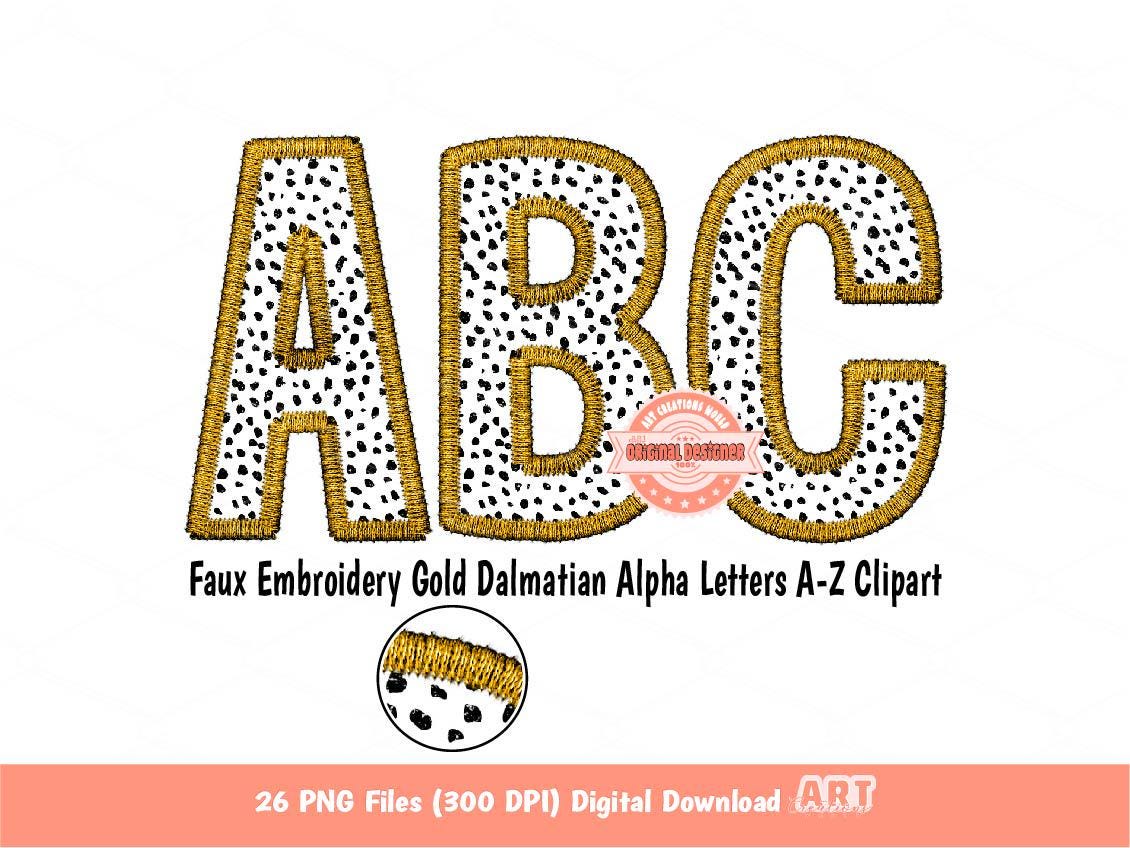 Gold Faux Embroidery Dalmatian Spots Letters PNG, Animal Print Alpha Set Clipart, Black Dots Alphabet Sublimation & DTF Digital Download