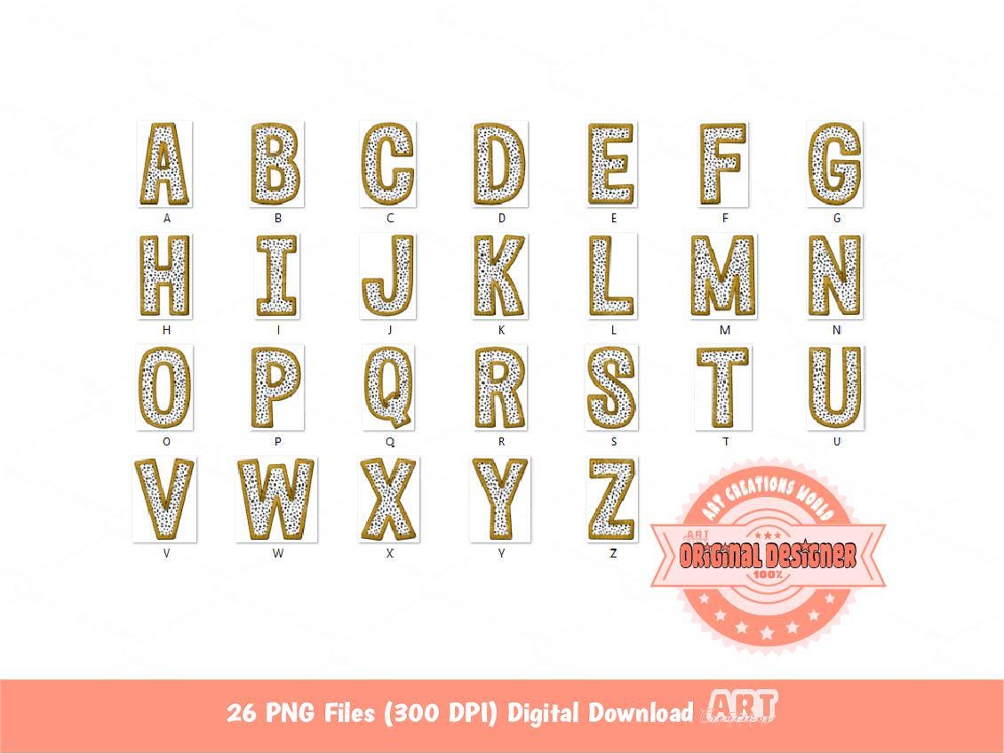 Gold Faux Embroidery Dalmatian Spots Letters PNG, Animal Print Alpha Set Clipart, Black Dots Alphabet Sublimation & DTF Digital Download