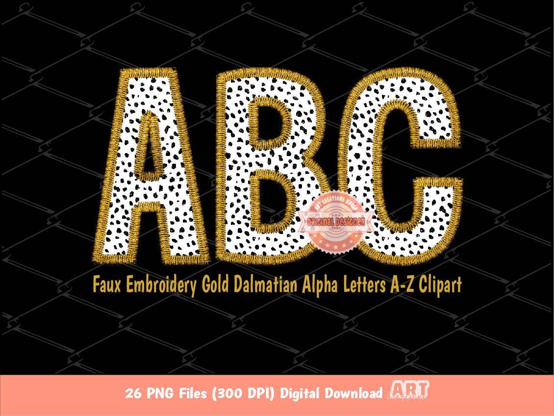 Gold Faux Embroidery Dalmatian Spots Letters PNG, Animal Print Alpha Set Clipart, Black Dots Alphabet Sublimation & DTF Digital Download