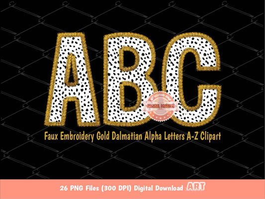 Gold Faux Embroidery Dalmatian Spots Letters PNG, Animal Print Alpha Set Clipart, Black Dots Alphabet Sublimation & DTF Digital Download