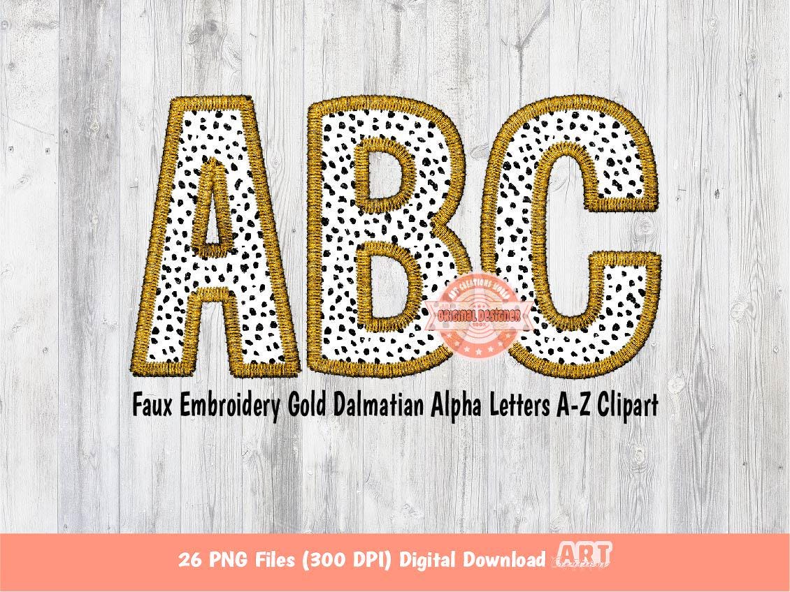 Gold Faux Embroidery Dalmatian Spots Letters PNG, Animal Print Alpha Set Clipart, Black Dots Alphabet Sublimation & DTF Digital Download