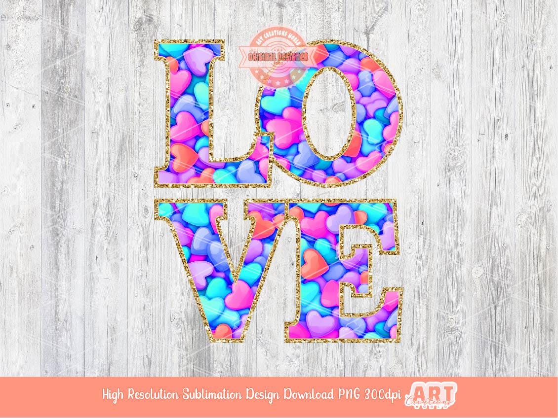Love Bright Glitter PNG, Coquette Valentine Shirt Design, Colorful hearts gold Sequin outline Png Sublimation & dtf Design Digital Download