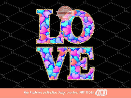Love Bright Glitter PNG, Coquette Valentine Shirt Design, Colorful hearts gold Sequin outline Png Sublimation & dtf Design Digital Download
