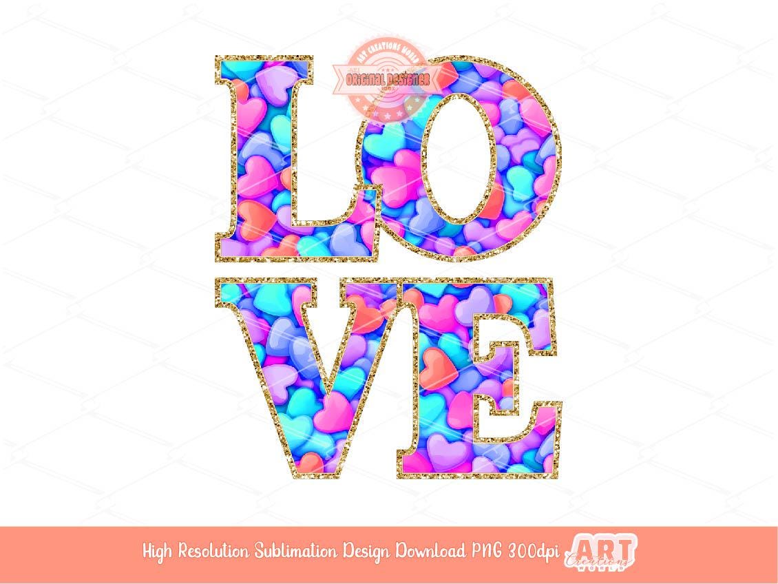 Love Bright Glitter PNG, Coquette Valentine Shirt Design, Colorful hearts gold Sequin outline Png Sublimation & dtf Design Digital Download