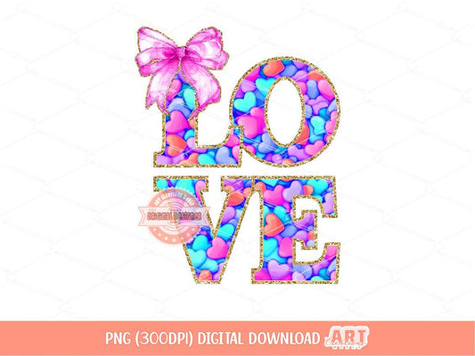 Love Bright Gold Glitter PNG, Coquette Valentine Shirt Design, Colorful hearts Pink Bow Sequin Png Sublimation & dtf Design Digital Download