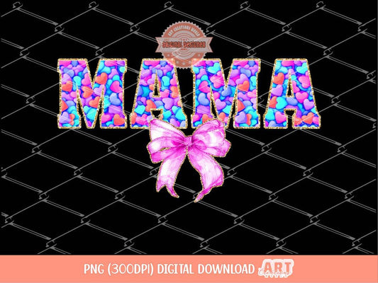 Mama Bright Glitter PNG, Coquette Valentine mom Shirt Design, Colorful hearts Pink Bow Gold Sequin Png Sublimation & dtf Digital Download