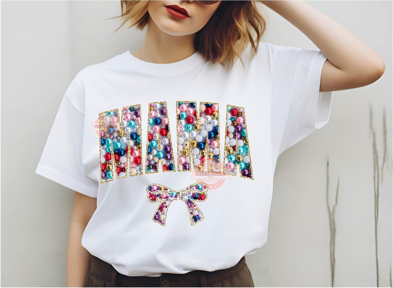 Mama Colorful Pearls PNG, Coquette Bow Gold Glitter Preppy Mom, Bright colors Gemstone Beads Sublimation & dtf Shirt Design Digital Download