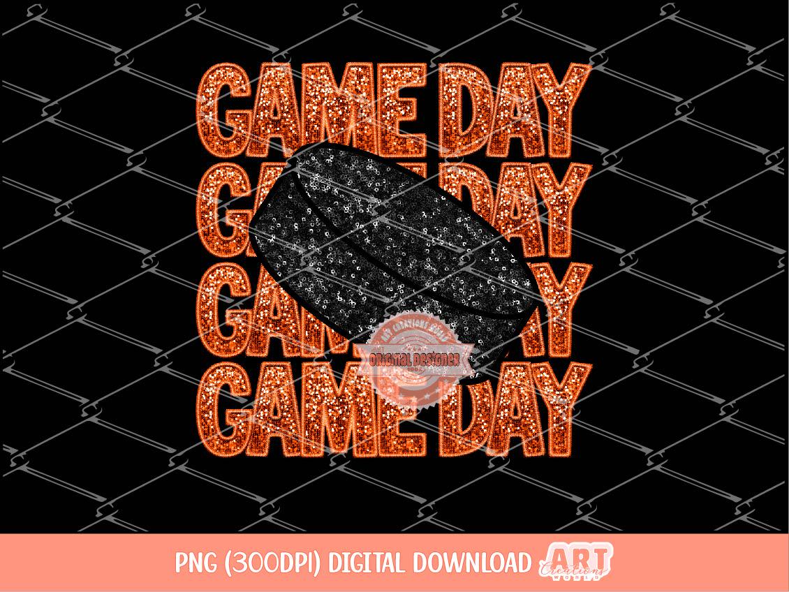Game Day Hockey PNG, Orange Sequin Faux Embroidery Sports Mom Sublimation Shirt Design