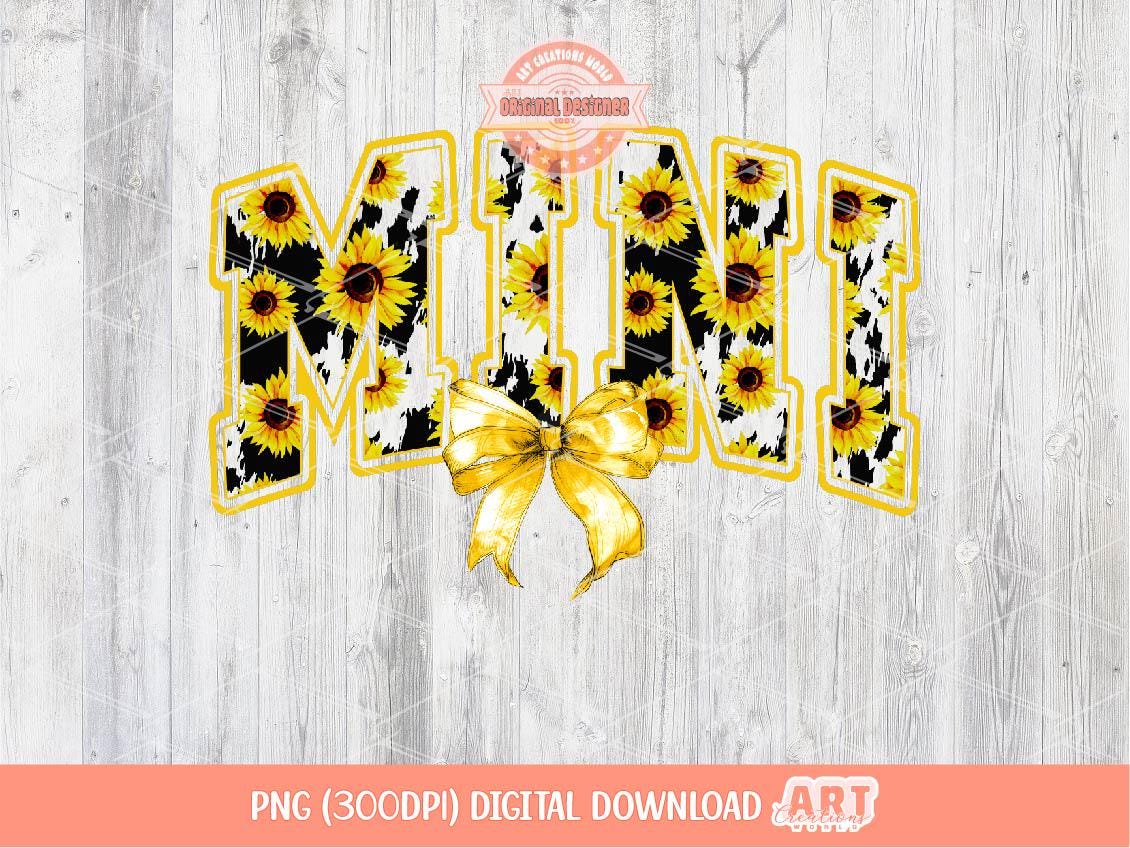 Mini Sunflower PNG, Coquette Yellow Bow Western Cow print Girls Shirt Design, Cowhide Country Girl Sublimation & dtf Design Digital Download