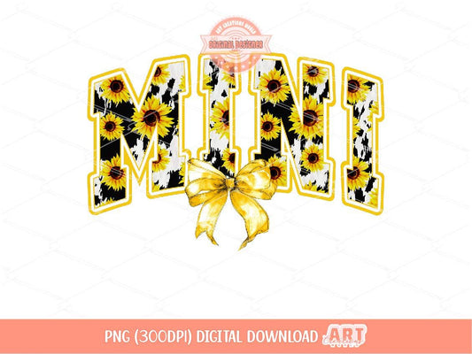 Mini Sunflower PNG, Coquette Yellow Bow Western Cow print Girls Shirt Design, Cowhide Country Girl Sublimation & dtf Design Digital Download