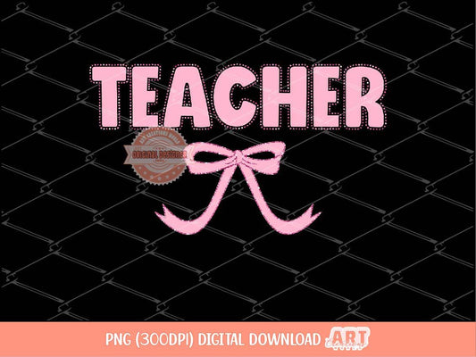 Coquette Teacher PNG, Cute Pink Dotted lettering with glitter bow, trendy Png Sublimation & dtf file, Teacher shirt Design Digital Download
