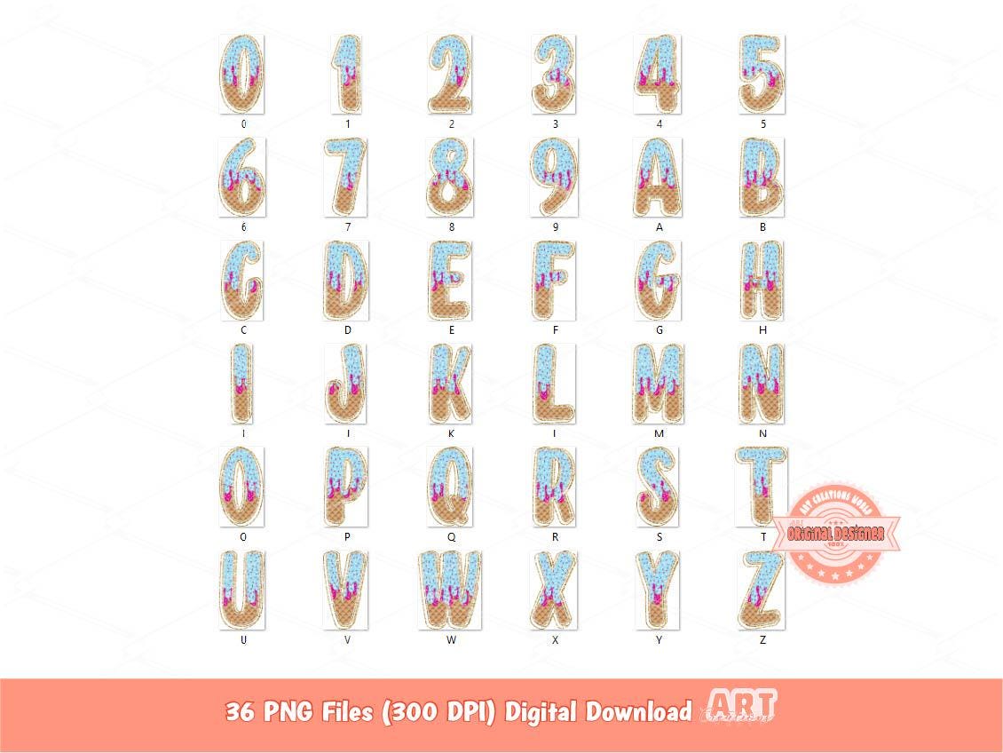 Sprinkle Drip Alphabet PNG, Hand Drawn Drippy Ice Cream Doodle letters, numbers 0-9 Clipart, Gold Glitter Waffle Cone Alpha Digital Download
