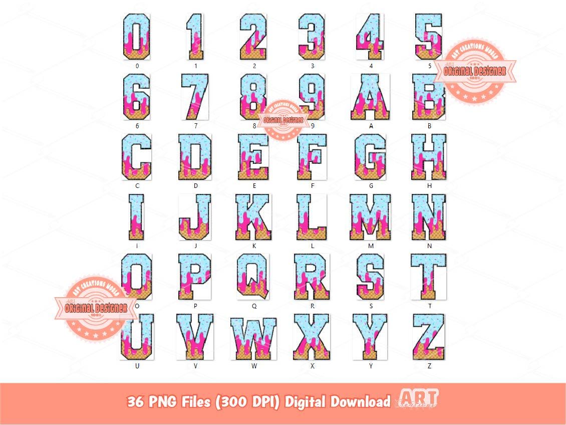Sprinkle Drip Varsity Alphabet PNG, Drippy Pink & Blue Ice Cream Sports letters, numbers 0-9 Clipart, Waffle Cone Alpha Set Digital Download