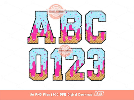 Sprinkle Drip Varsity Alphabet PNG, Drippy Pink & Blue Ice Cream Sports letters, numbers 0-9 Clipart, Waffle Cone Alpha Set Digital Download