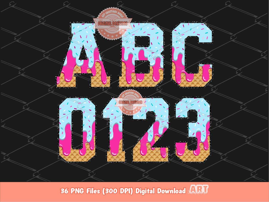 Sprinkle Drip Varsity Alphabet PNG, Drippy Pink & Blue Ice Cream Sports letters, numbers 0-9 Clipart, Waffle Cone Alpha Set Digital Download
