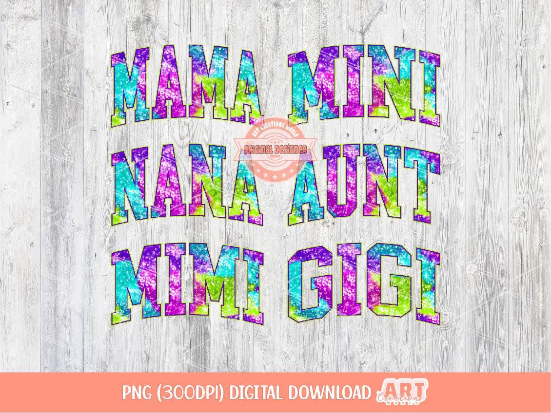 Matching Bright Colorful Mama PNG Bundle, Vibrant Neon Colors Gigi Mimi Aunt Mini Mom Shirt Design Png Sublimation & Dtf Digital Download