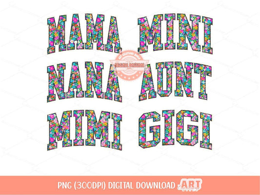 Matching Bright Floral Mama PNG Bundle, Vibrant Colorful Flowers Nana Gigi Mimi Aunt Mini Png Sublimation Dtf Shirt Design Digital Download