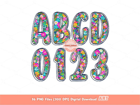 Bright Floral Alphabet PNG, Hand Drawn Vibrant Flowers Doodle letters and numbers 0-9 Clipart, Gold Glitter outline Alpha Digital Download