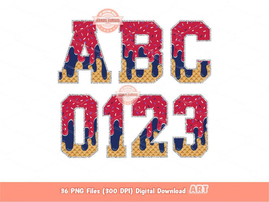 Sprinkle Drip Varsity Alphabet PNG, Drippy Red & Navy Blue Ice Cream Sport letters numbers 0-9 Clipart Waffle USA Alpha Set Digital Download