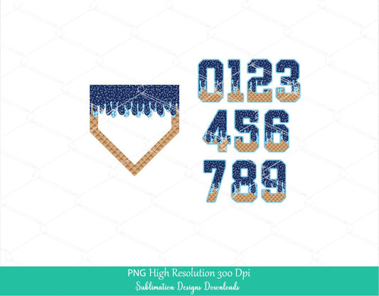 Sprinkle Drip Home Plate and Numbers PNG Bundle Clipart, Navy & Light Blue Drippy Ice cream Cone Waffle Trendy Sport Baseball softball