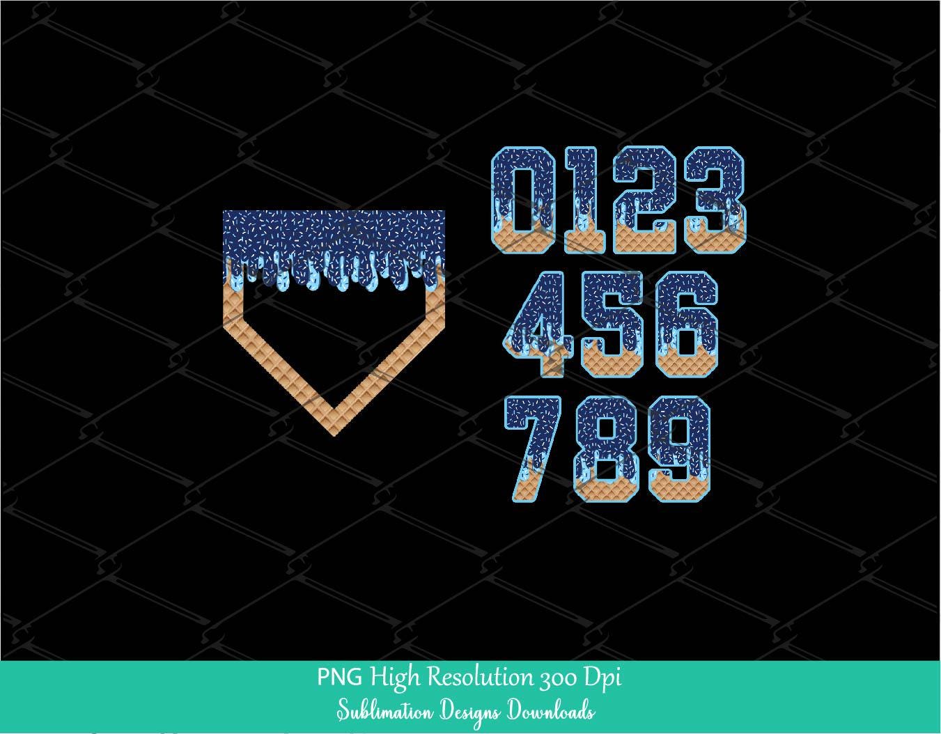 Sprinkle Drip Home Plate and Numbers PNG Bundle Clipart, Navy & Light Blue Drippy Ice cream Cone Waffle Trendy Sport Baseball softball