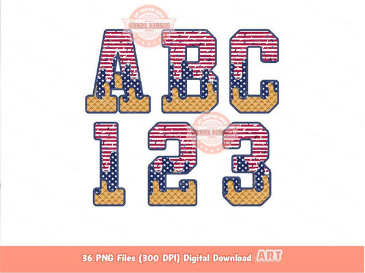 4th of July Sprinkle Drip Alphabet PNG, Drippy Stars & Stripes US Ice Cream Sport letters, numbers 0-9 Clipart Waffle Alpha Digital Download