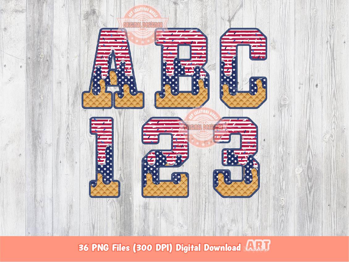 4th of July Drip Alphabet PNG, Stars & Stripes Letters and Numbers Sports Clipart