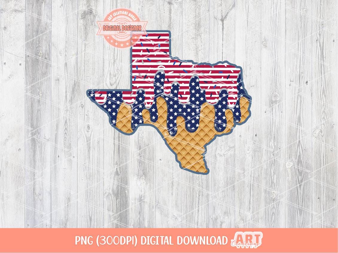 4th of July Sprinkle Drip Texas PNG, Stars and Stripes Patriotic Custom US State ice cream Png for Sublimation & dtf Design Digital Download