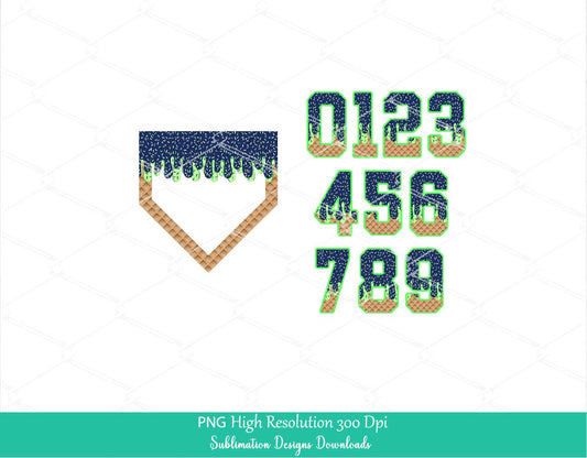 Sprinkle Drip Home Plate and Numbers PNG Bundle Clipart, Navy & Lime Green Drippy Ice cream Cone Waffle Trendy Sport Baseball softball