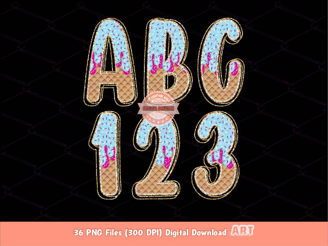 Sprinkle Drip Alphabet PNG, Hand Drawn Drippy Ice Cream Doodle letters, numbers 0-9 Clipart, Gold Glitter Waffle Cone Alpha Digital Download