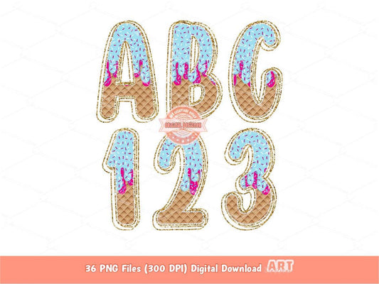 Sprinkle Drip Alphabet PNG, Hand Drawn Drippy Ice Cream Doodle letters, numbers 0-9 Clipart, Gold Glitter Waffle Cone Alpha Digital Download