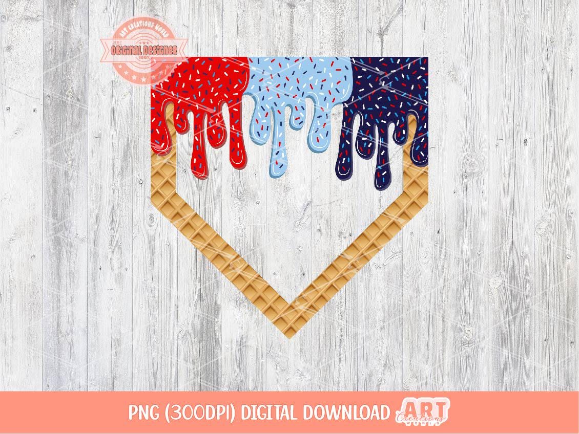 Red Navy Blue Sprinkle Drip Home Plate PNG, 4th of July Patriotic Baseball Diamond ice cream Png Sublimation & dtf Design Digital Download