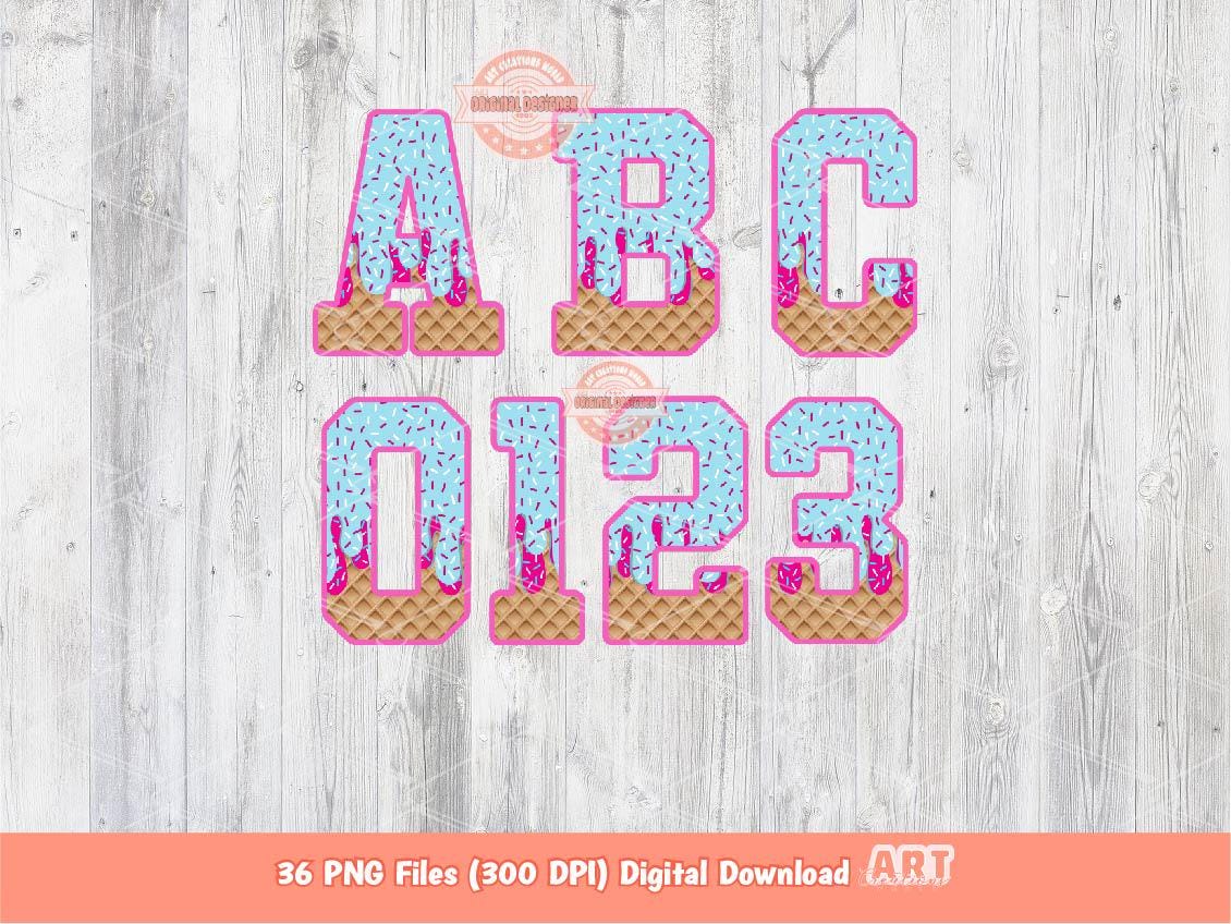 Sprinkle Drip Varsity Alphabet PNG, Drippy Pink & Blue Ice-Cream Sport letters, numbers 0-9 Clipart, Waffle Cone Alpha Set Digital Download