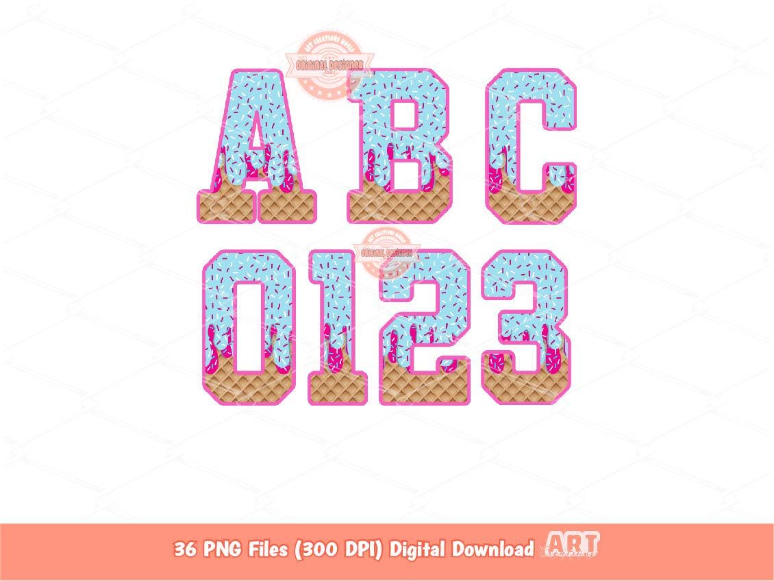 Sprinkle Drip Varsity Alphabet PNG, Drippy Pink & Blue Ice-Cream Sport letters, numbers 0-9 Clipart, Waffle Cone Alpha Set Digital Download