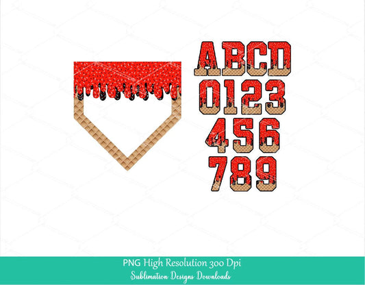 Sprinkle Drip Drip Home Alphabet Set PNG Bundle, Red & Black Drippy Ice cream Cone Waffle Trendy Sport Alpha Png, Letters and Number