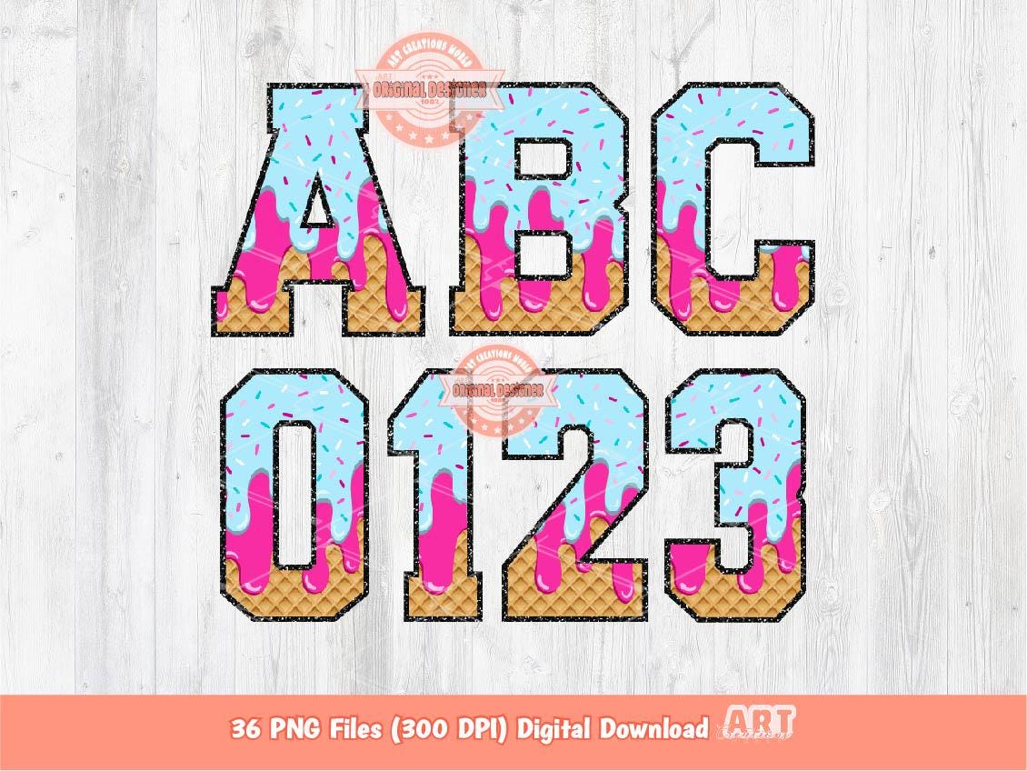 Sprinkle Drip Varsity Alphabet PNG, Drippy Pink & Blue Ice Cream Sports letters, numbers 0-9 Clipart, Waffle Cone Alpha Set Digital Download