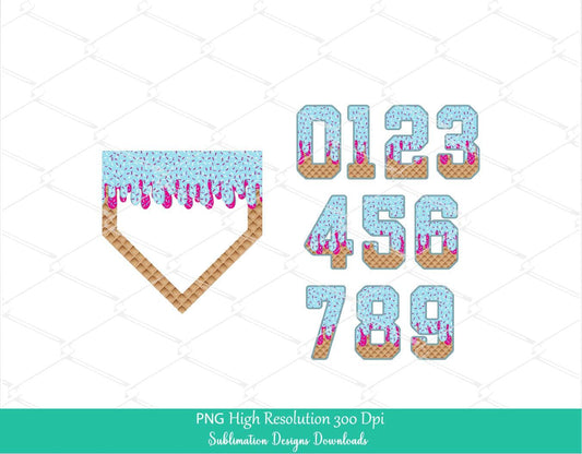 Sprinkle Drip Home Plate and Numbers PNG Bundle Clipart, Pink & Blue Drippy Ice cream Cone Waffle Trendy Sport Baseball softball Number 0-9