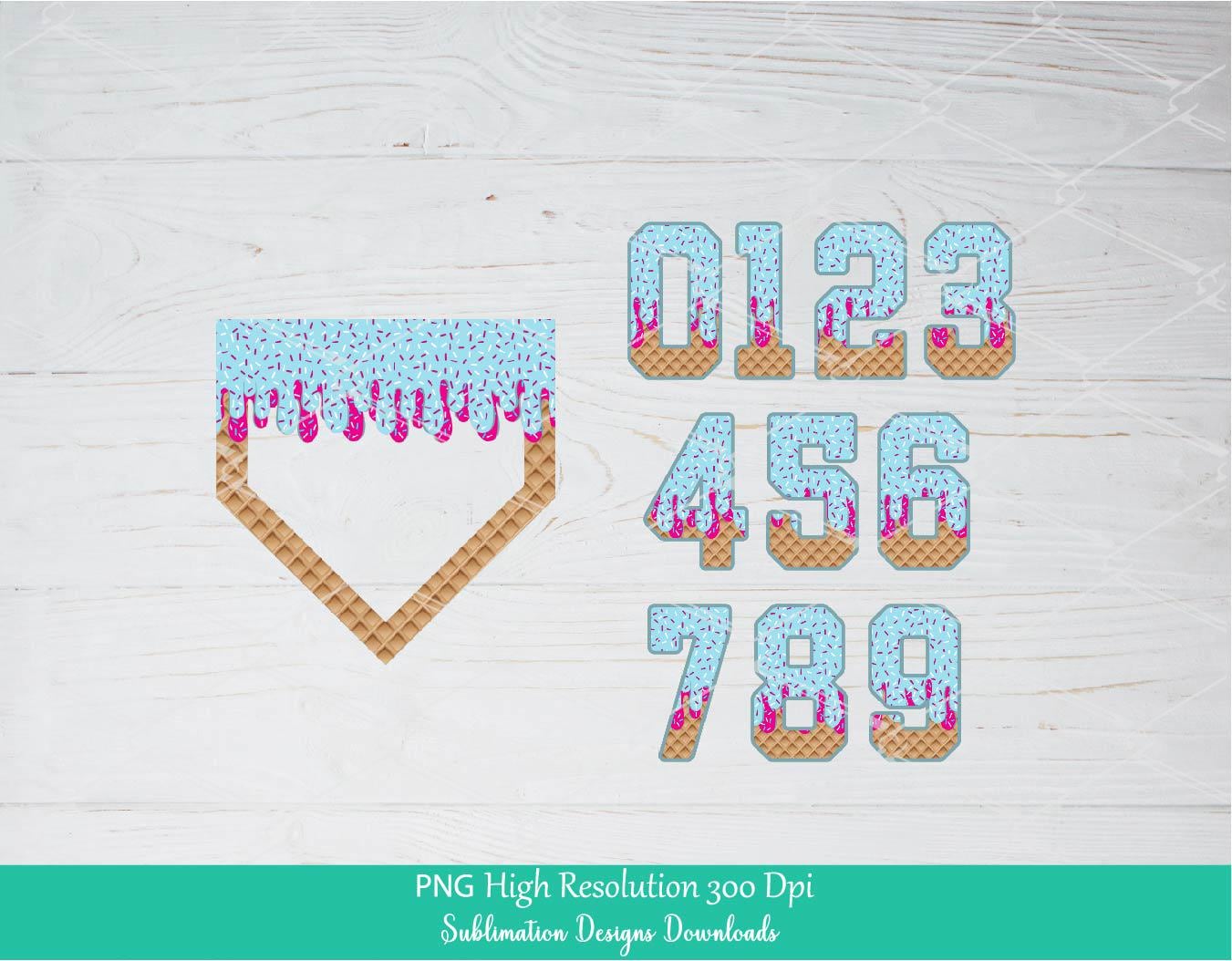 Sprinkle Drip Home Plate and Numbers PNG Bundle Clipart, Pink & Blue Drippy Ice cream Cone Waffle Trendy Sport Baseball softball Number 0-9