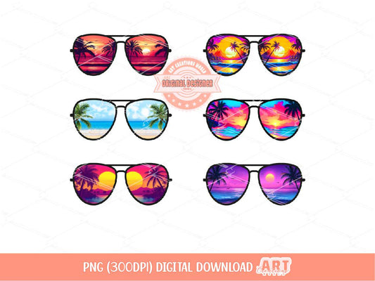 Beach Sunglasses PNG Bundle, Summer vibes Vacation Shirt Design, Salty life Colorful Tropical Sunshine Palm Tree Sunset Glasses Png Clipart