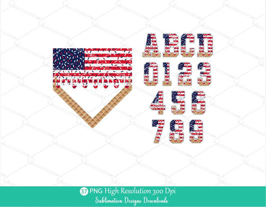 4th of July Sprinkle Drip Alphabet and Home Plate PNG Bundle, Red white and Navy Blue Dripping US Flag Patriotic Drippy Ice cream