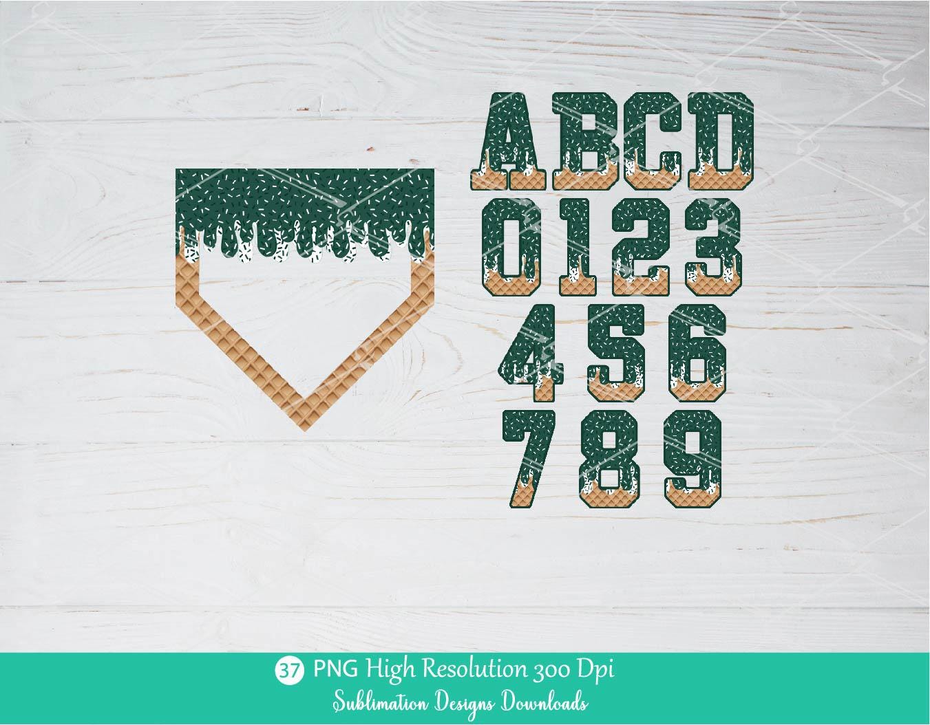 Forest Green Sprinkle Drip Home Plate Alphabet Set PNG Bundle, Dark Green and White Drippy Ice cream Cone Waffle Trendy Sport Alpha Letters